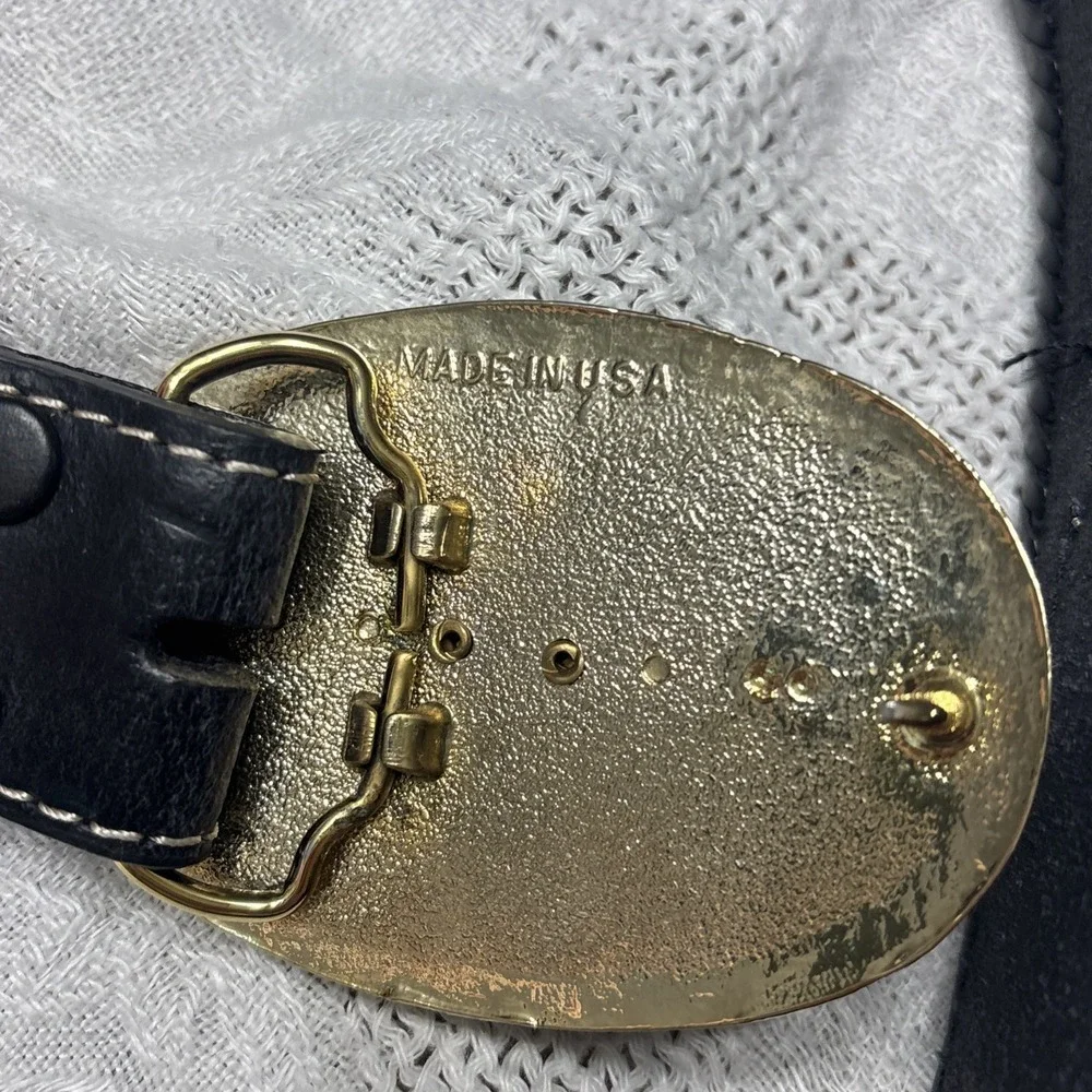 Vtg Nocona Leather Belt Mens 38 Blaxk Western Buckle  Stone Tooled Buckle